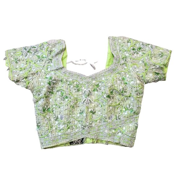 Womans Top Lime Green Silver Beaded Embellished Belly Dancing Anita Patel JJ1609 - Picture 1 of 8